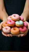 Balancing act Scales, donuts in womans hands, top view with copy space Vertical Mobile Wallpaper AI Generated photo