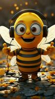 abeja caracteres rock auriculares, lápiz listo, como ellos decir Hola creativo camaradería floraciones vertical móvil fondo de pantalla ai generado foto