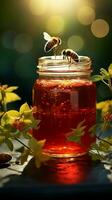 Bee takes flight from jar among red green leaves, lens flared magic fills air Vertical Mobile Wallpaper AI Generated photo