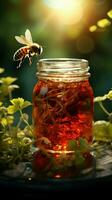 Bee takes flight from jar among red green leaves, lens flared magic fills air Vertical Mobile Wallpaper AI Generated photo