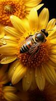 Bees gather sunflower nectar, dusted in yellow pollen, a pollination marvel Vertical Mobile Wallpaper AI Generated photo