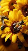 Bees gather sunflower nectar, dusted in yellow pollen, a pollination marvel Vertical Mobile Wallpaper AI Generated photo