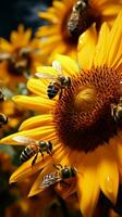 Bees gather sunflower nectar, dusted in yellow pollen, a pollination marvel Vertical Mobile Wallpaper AI Generated photo