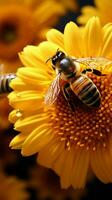 abejas reunir girasol néctar, espolvoreado en amarillo polen, un polinización maravilla vertical móvil fondo de pantalla ai generado foto