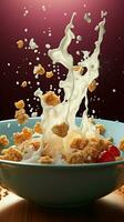 Bowl captures vitality Granola, milk interact in midair, forming healthy morning sustenance Vertical Mobile Wallpaper AI Generated photo