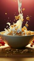 Bowl captures vitality Granola, milk interact in midair, forming healthy morning sustenance Vertical Mobile Wallpaper AI Generated photo