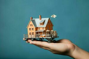 Close-up of a hand with miniature shopping cart, paper house, and keys AI Generated photo