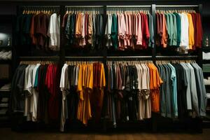 Clothes hang neatly in rows, creating an organized and visually appealing display AI Generated photo