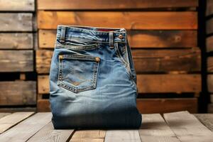 Classic jeans elegantly showcased against a rustic wooden backdrop AI Generated photo