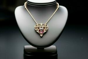 Exquisite necklace rests on a jewelry stand, showcasing its luxurious elegance AI Generated photo