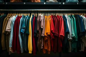 Clothing items displayed in an organized fashion, hanging in rows on hangers AI Generated photo