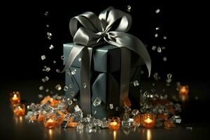 Elegantly wrapped black gift adorned with festive confetti arrangements AI Generated photo