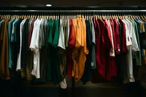Clothes hang neatly in rows, creating an organized and visually appealing display AI Generated photo