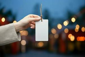 Female hand holds a blank tag, the background artfully blurred AI Generated photo