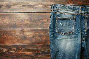 Denim jeans stylishly presented on a textured wooden background AI Generated photo