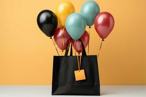 Black shopping bag paired with an array of vibrant, floating balloons AI Generated photo