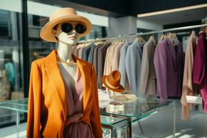 A clothing store adorned with an array of fashionable garments on display AI Generated photo