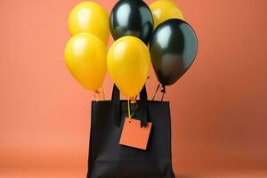 A black shopping bag buoyed by a colorful bouquet of celebratory balloons AI Generated photo