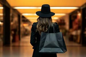 From behind, a woman carries a Black Friday shopping bag AI Generated photo