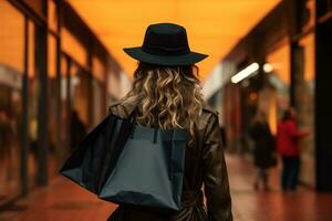 From behind, a woman carries a Black Friday shopping bag AI Generated photo