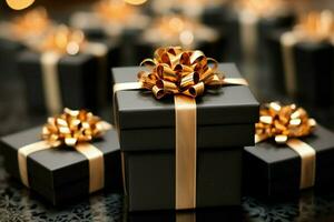 Gift boxes dressed in golden ribbons, a front view for Black Friday AI Generated photo