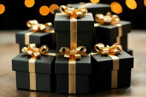 Golden ribbons grace Black Friday gift boxes, showcased from the front AI Generated photo