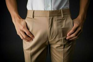 Hand holding a stylish pair of light brown beige trousers AI Generated photo