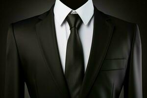 Isolated representation of a black suit with a cotton shirt and stylish tie AI Generated photo