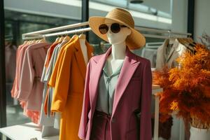 maniquíes en el ropa Tienda monitor de moda trajes a inspirar consciente de la moda compradores ai generado foto