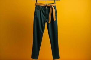 elegante pantalones en un percha, conjunto en contra un vibrante amarillo fondo ai generado foto