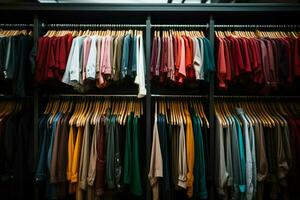 Rows of hangers hold a collection of neatly organized clothing items AI Generated photo