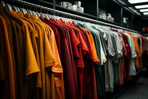 Rows of hangers hold a collection of neatly organized clothing items AI Generated photo