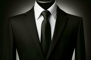 Realistic black suit object, accompanied by a white cotton shirt and sharp tie AI Generated photo