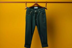 Stylish pants on a hanger, set against a vibrant yellow backdrop AI Generated photo