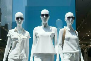 Stylish manikins flank a pristine white billboard, forming a striking juxtaposition AI Generated photo