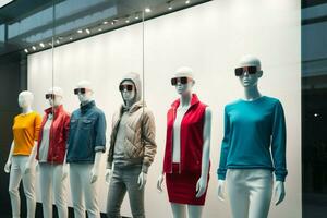 A lineup of mannequins and a blank white billboard complement each other AI Generated photo