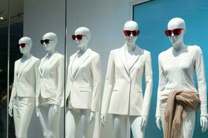 A white billboard stands adjacent to a row of stylish mannequins AI Generated photo