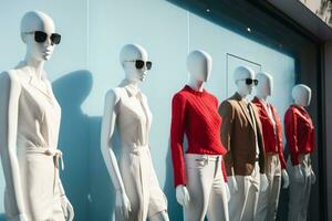 A white billboard stands adjacent to a row of stylish mannequins AI Generated photo