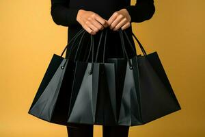 un surtido de negro compras bolsas, retenida por un persona en varios tamaños ai generado foto