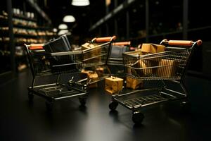 Assorted Black Friday deals, each nestled in shopping carts ready for purchase AI Generated photo