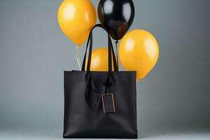 Balloons accompany a chic black shopping bag for a festive shopping experience AI Generated photo