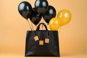 Balloons accompany a chic black shopping bag for a festive shopping experience AI Generated photo