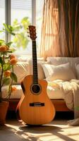 A guitar adorns the modern, inviting interior of the cozy living room. Vertical Mobile Wallpaper AI Generated photo