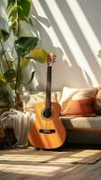 A guitar adorns the modern, inviting interior of the cozy living room. Vertical Mobile Wallpaper AI Generated photo