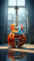 A 3D rendered digital drawing fuses guitar, interior, and geometric architecture elements. Vertical Mobile Wallpaper AI Generated photo
