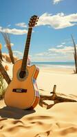 un solitario acústico guitarra soportes alto, serenata el playa con sus melodías vertical móvil fondo de pantalla ai generado foto