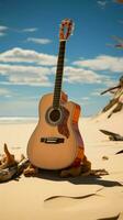 un solitario acústico guitarra soportes alto, serenata el playa con sus melodías vertical móvil fondo de pantalla ai generado foto