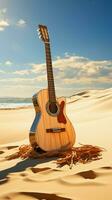 un solitario acústico guitarra soportes alto, serenata el playa con sus melodías vertical móvil fondo de pantalla ai generado foto