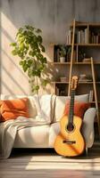 A modern living room, cozy and inviting, featuring a guitar as decor. Vertical Mobile Wallpaper AI Generated photo