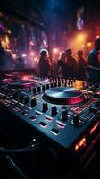 A nocturnal spectacle unfolds with the DJ mixer table at the nightclub. Vertical Mobile Wallpaper AI Generated photo